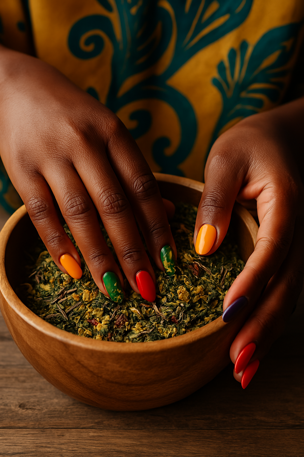 Hands blending medicinal herbs in a wooden bowl